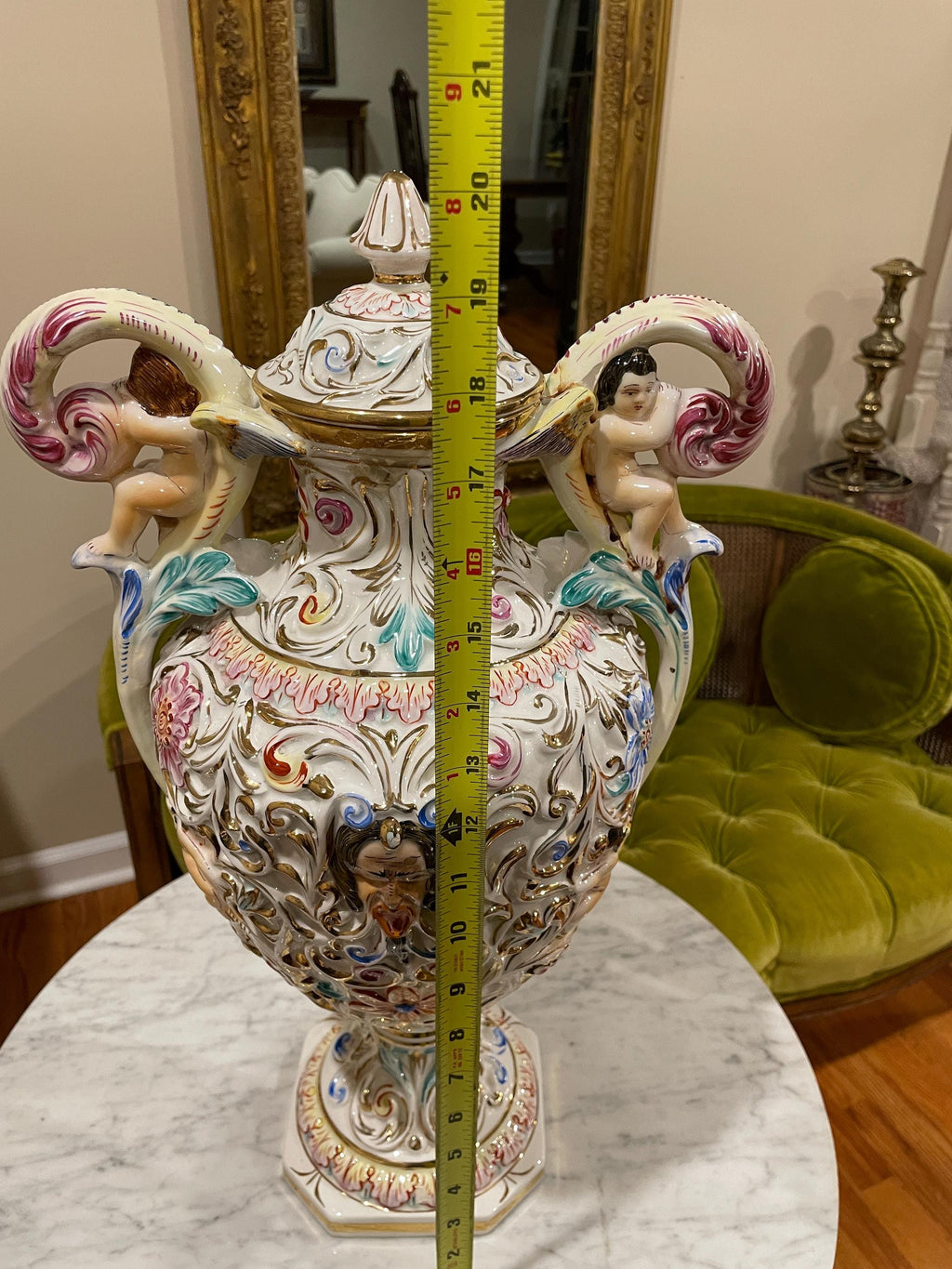 Hand Painted Italian Capodimonte Urn Rococo Cherub Nude Relief Mythological Decoration Baroque Porcelain Centerpiece Collectible Masterpiece