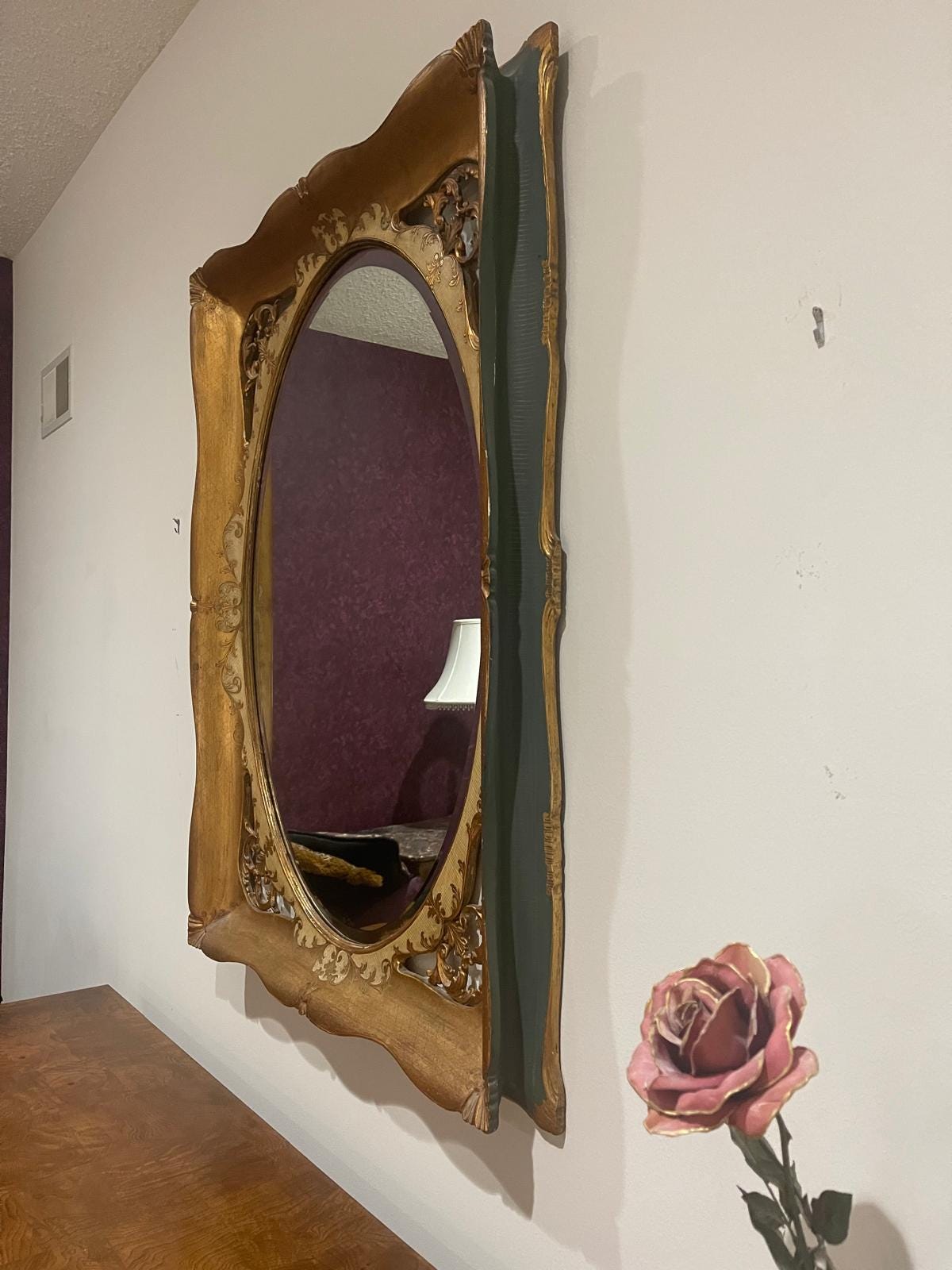 Vintage Gold Green Beveled Mirror Ornate Antique Baroque Rococo Style Wall Mirror Decorative Frame Elegant French Inspired Design Piece