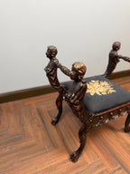 Antique Figural Carved Wood Bench Neo Classical Cherub Style Upholstered Seat Victorian Era Decorative Bench Tapestry