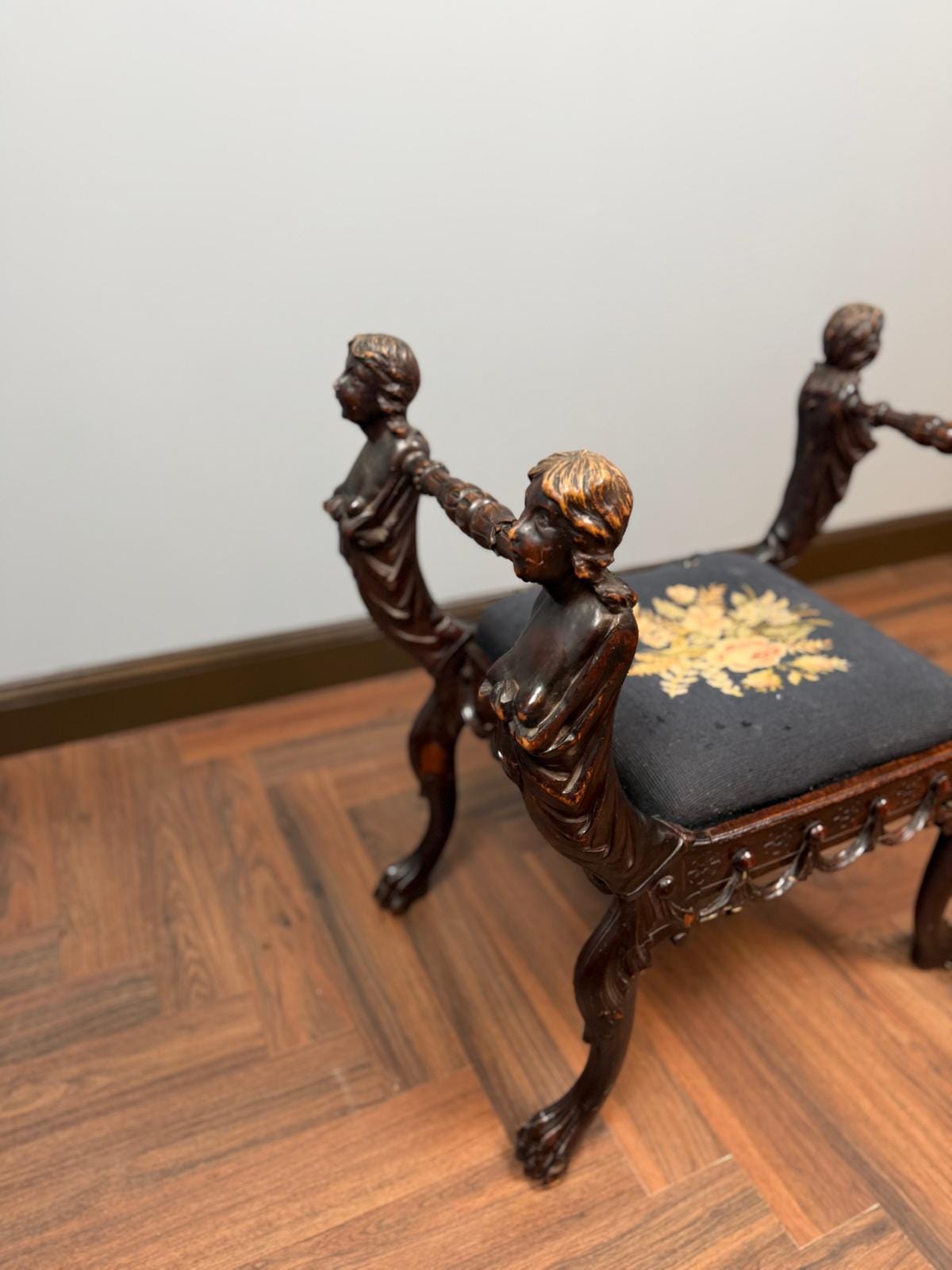 Antique Figural Carved Wood Bench Neo Classical Cherub Style Upholstered Seat Victorian Era Decorative Bench Tapestry