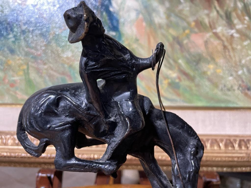 Outlaw Western Cowboy Bronze Statue by Frederic Remington on Green Marble Base Sculpture Figurine Art Collectible Desk Decoration Gift Idea