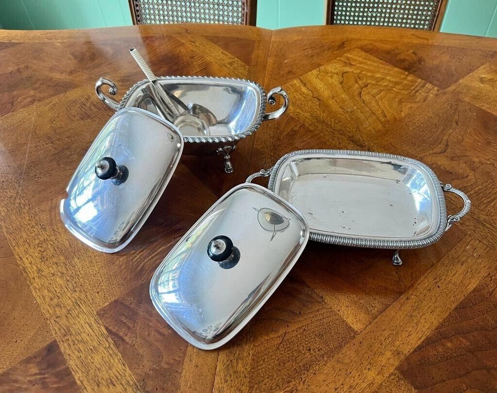 Vintage Silver Plate Serving Dishes Set Elegant Footed Covered Bowls Classic Ornate Handles Tableware Centerpiece Buffet Décoration Dining