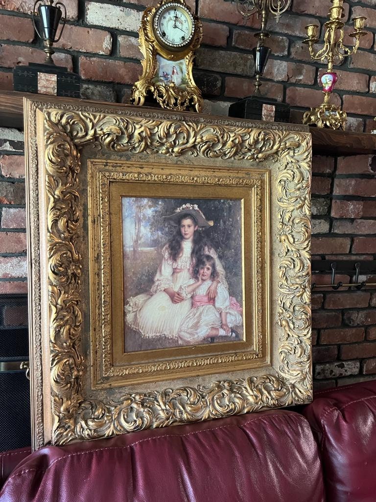Large Victorian Gilt Frame Oil Painting of Two Girls Antique Style Rococo Wall Art Romantic Portrait Ornate Gold Decoration Statement Piece
