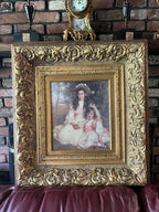 Large Victorian Gilt Frame Oil Painting of Two Girls Antique Style Rococo Wall Art Romantic Portrait Ornate Gold Decoration Statement Piece