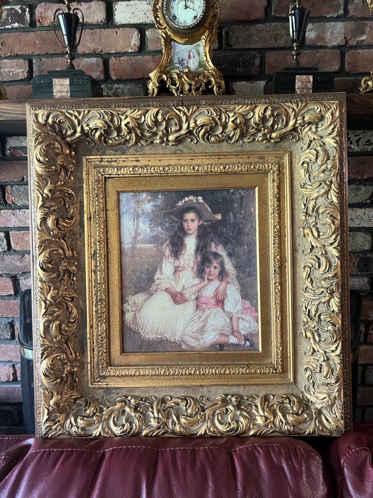 Large Victorian Gilt Frame Oil Painting of Two Girls Antique Style Rococo Wall Art Romantic Portrait Ornate Gold Decoration Statement Piece