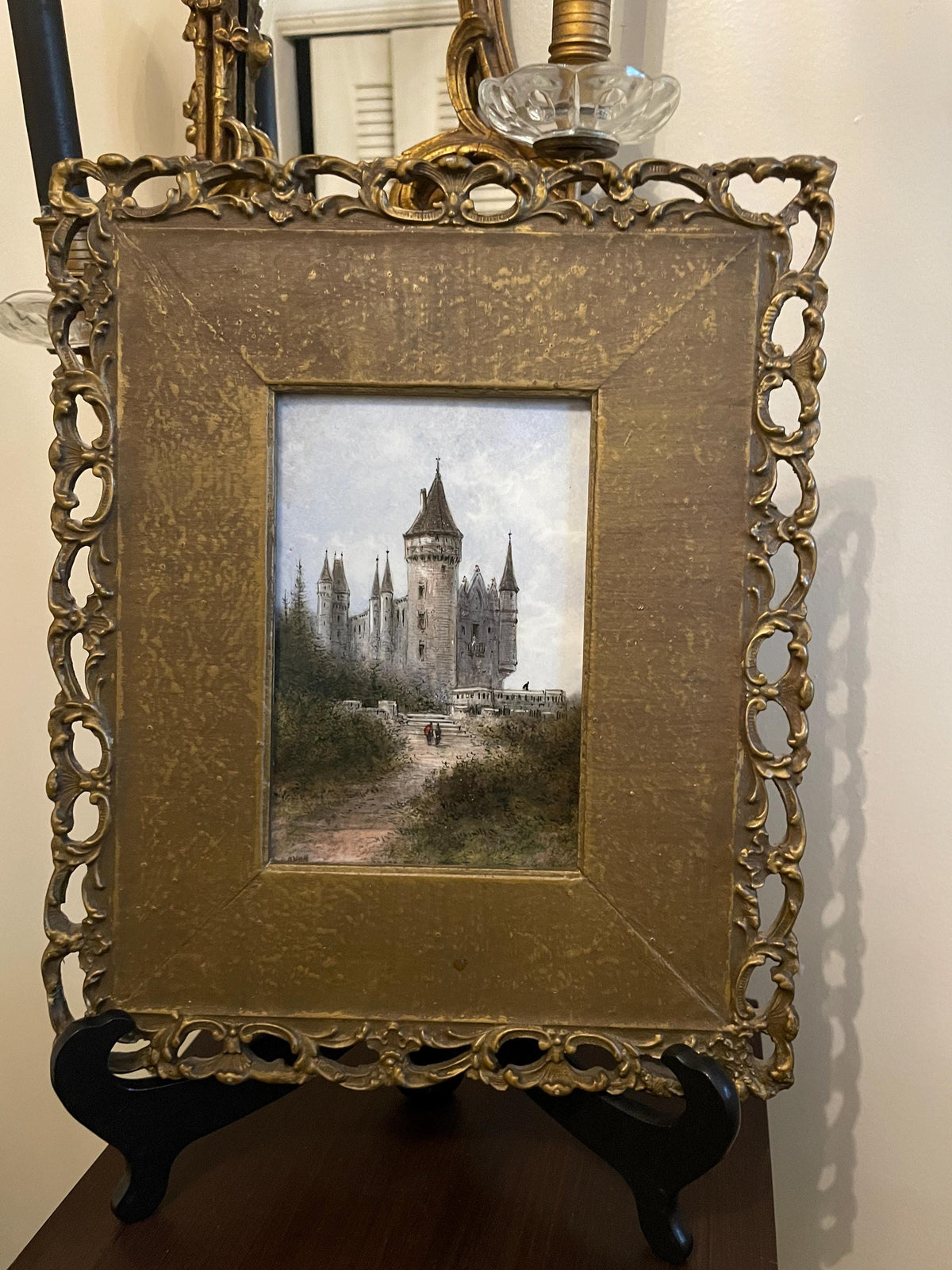 Vintage Hand-Painted Castle Scene Ornate Gold Gilded Frame Romantic Artwork Signed Collectible Architectural Landscape Wall Decor