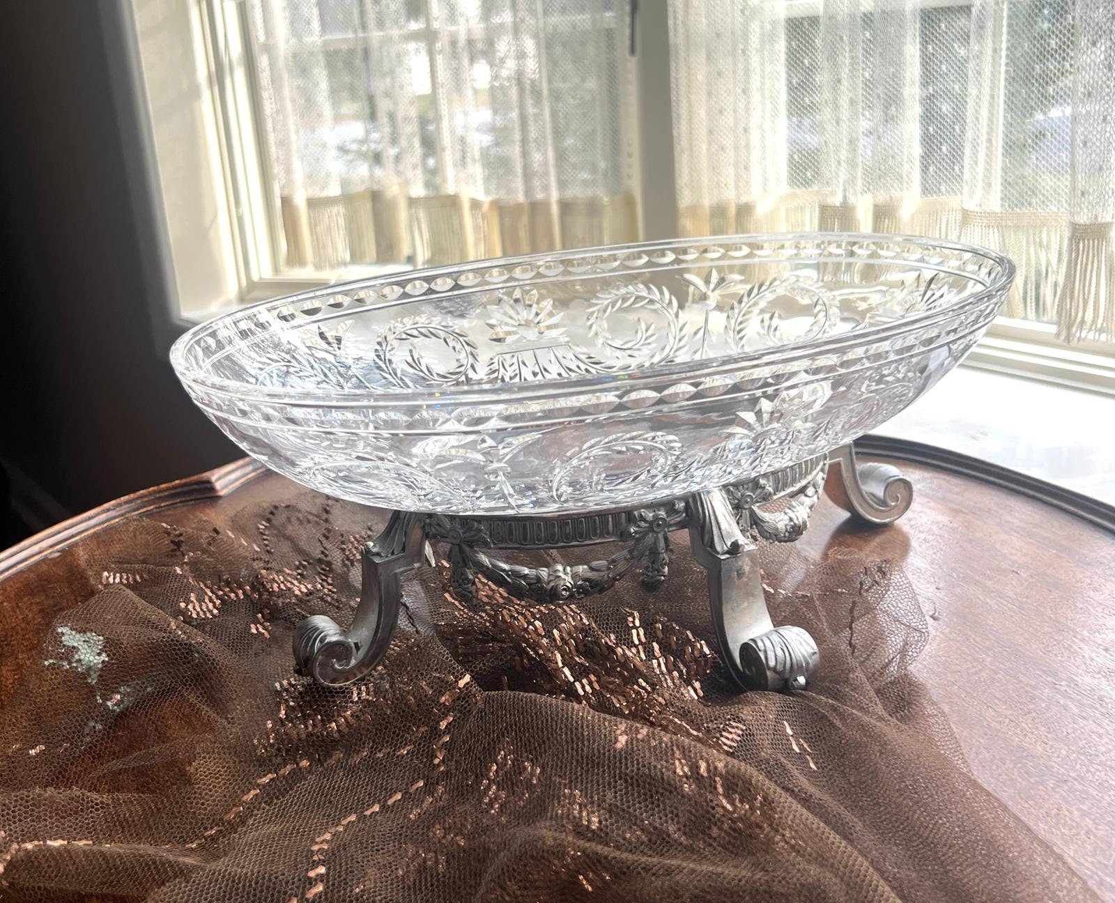 Antique Crystal Oval Bowl on Silverplate Footed Stand Cut Glass Fruit Dish Decorative Centerpiece Floral Garland Neoclassical Elegant Style
