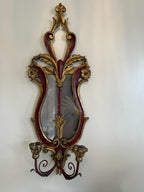 Antique Pair of French Style Rococo Design Wood Wall Candle Sconces Hand-Painted Red & Gold Gilded Pair, Baroque Style Candleholders