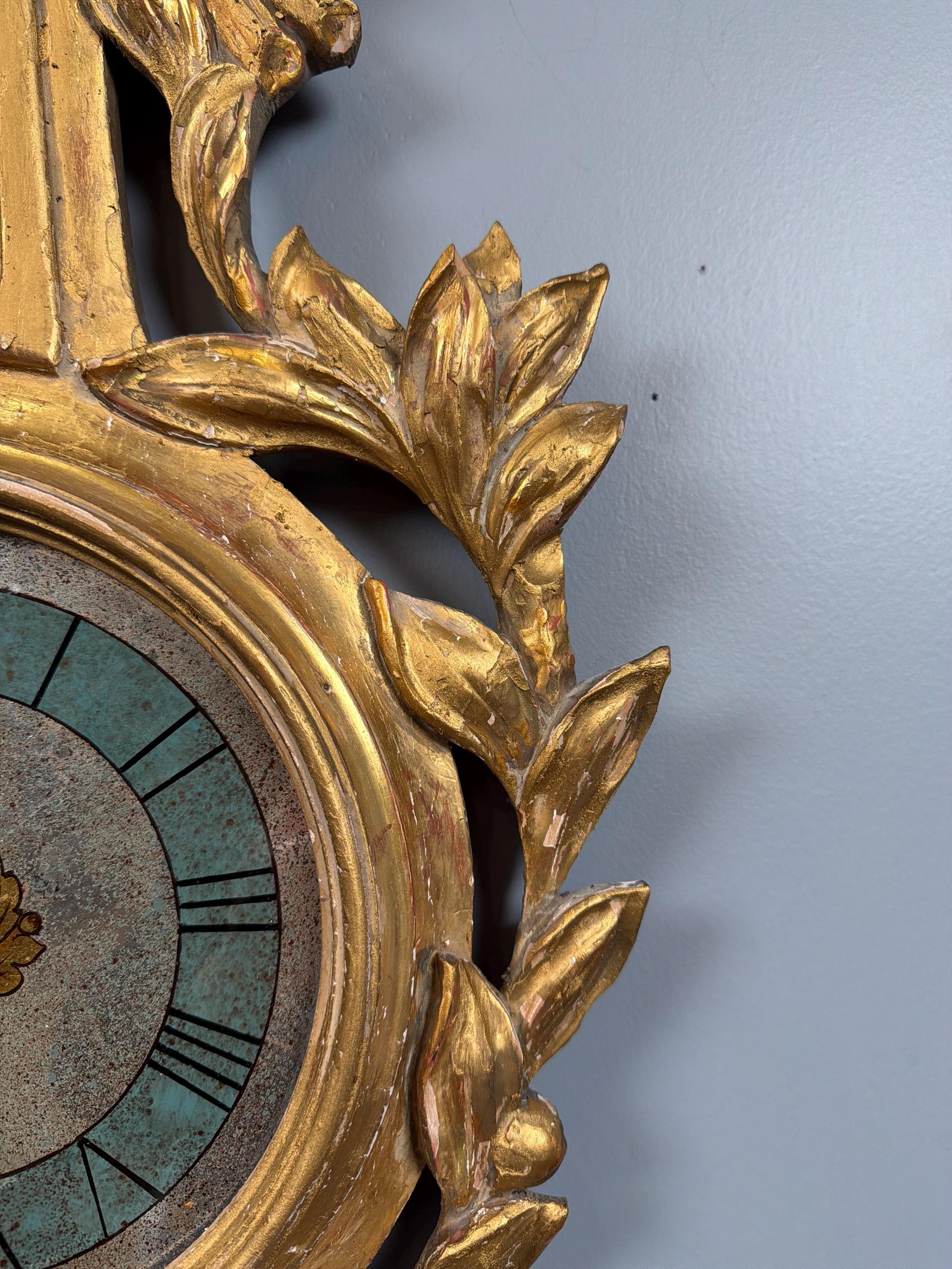 Antique French Giltwood Wall Clock, Carved Gold Leaf Lovebird Clock, Louis XVI Neoclassical Decor