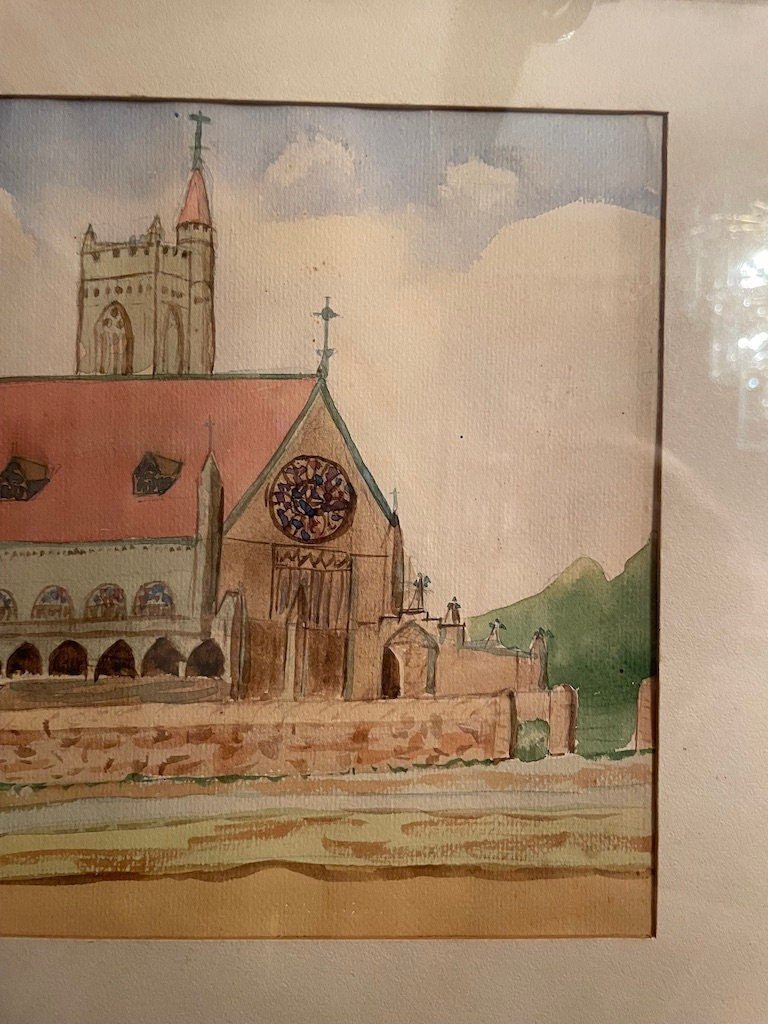 Vintage Watercolored Church Scene Hand Painting Framed