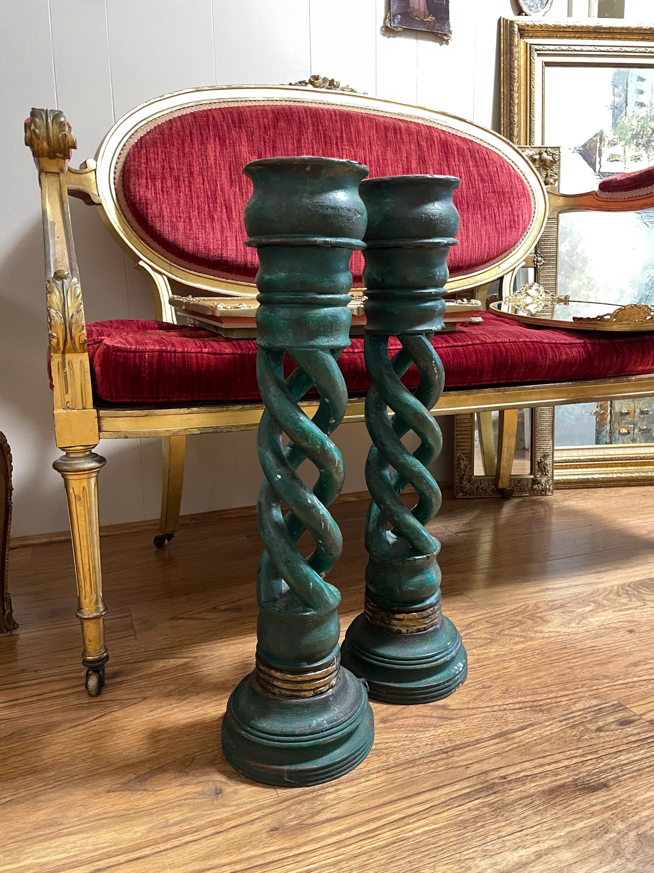 Vintage Green Twisted Candleholders Pair Brass Accents Unique Home Decor Classic Design Statement Lighting Antique Elegant Candle Sticks
