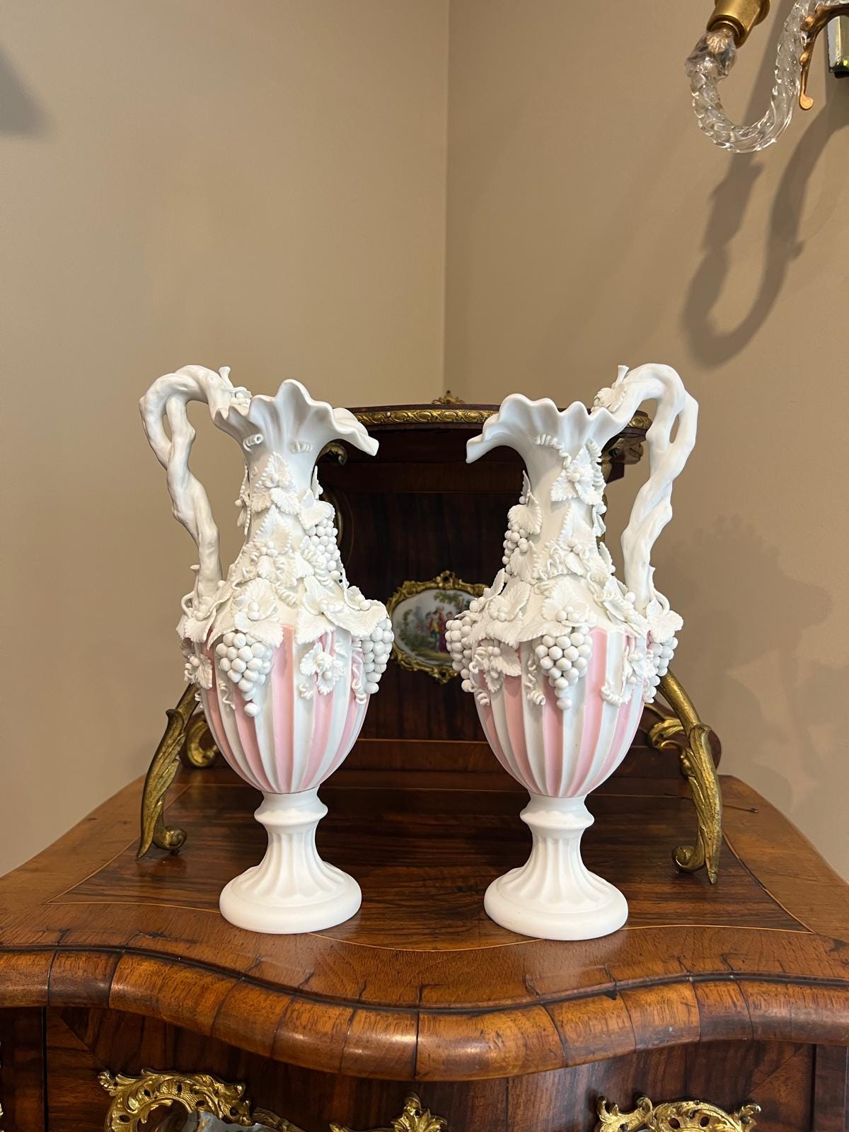 Vintage Porcelain Grape Motif Pink White Mantel Vases Pair Rococo Style Ornate Pedestal Urns Shabby French Country Cottage Chic Decorative