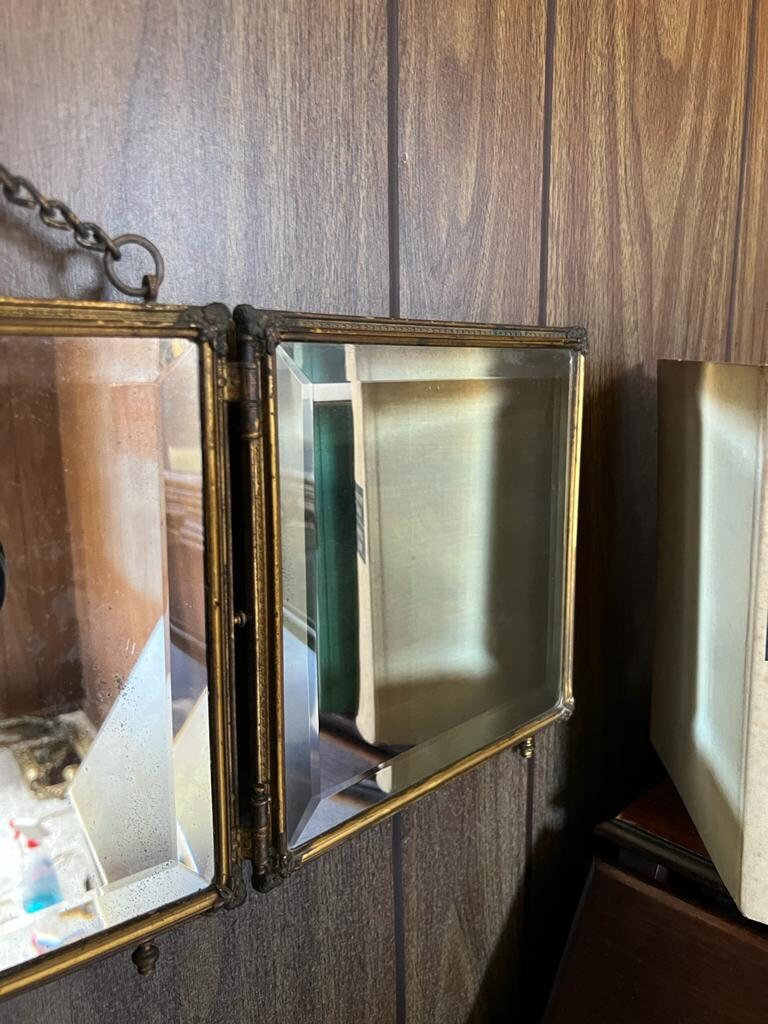 Antique Triple Vanity Mirror Beveled Glass Folding Wall Mirror Rococo Style Romantic Couple Print Brass Frame French Victorian Decoration