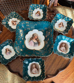Antique Teal Porcelain Plate Set Hand Painted Lady Portrait Gold Gilded Victorian Decorative Dishware French Style Unique Wall Display