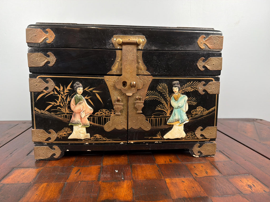Antique Chinese Black Lacquer Jewelry Chest, Hand-Painted Figures, Engraved Brass Hardware, c.1900