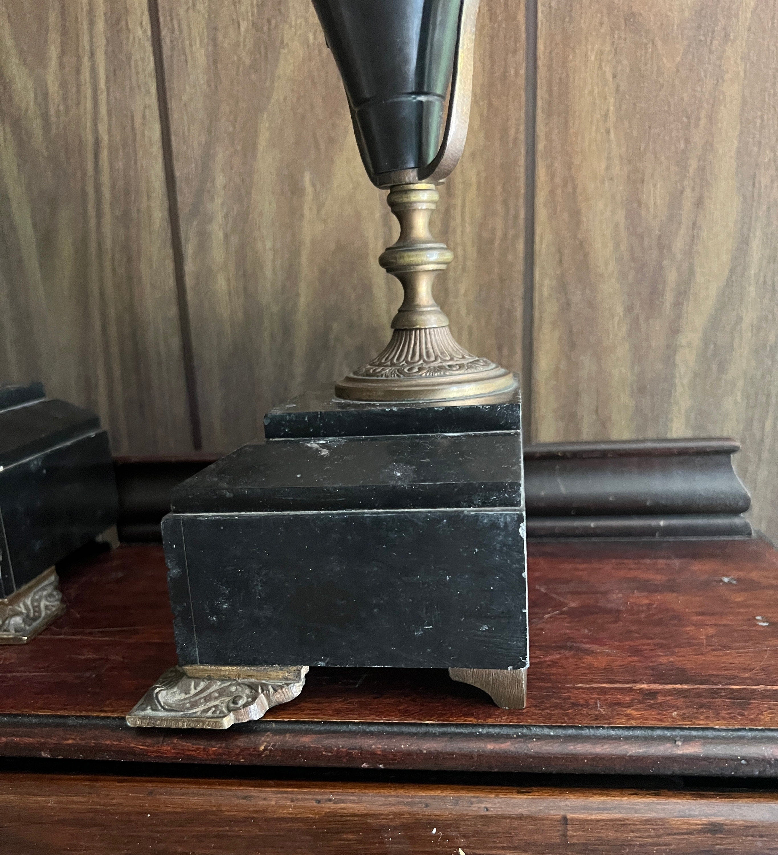 Antique Bronze Black Marble Five Light Candelabra Pair Empire Style Classical Urn Shape Candle Holders Home Decor Regency French Accent