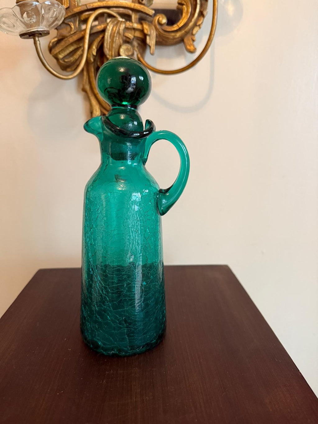 Vintage Crackle Glass Decanter Green Art Glass Pitcher Stopper Bottle Mid Century Barware Teal Emerald Green Crackle Glass Cruet Mid Century