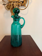 Vintage Crackle Glass Decanter Green Art Glass Pitcher Stopper Bottle Mid Century Barware Teal Emerald Green Crackle Glass Cruet Mid Century