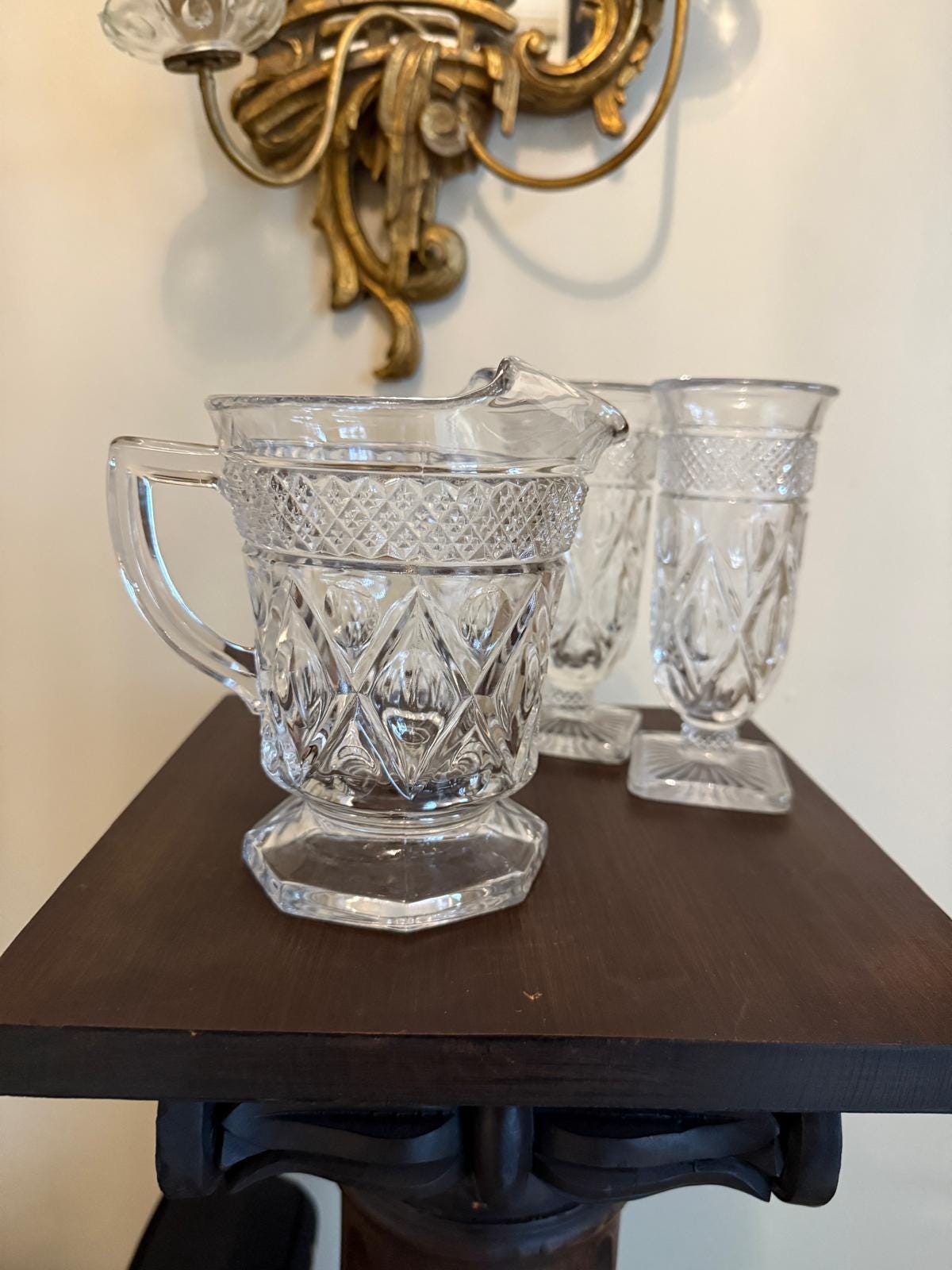 Vintage Clear Pressed Glass Drinkware Set with Mini Pitcher, Elegant Cut Glass Look Set of 8 Goblets & Small Jug Footed Glasses