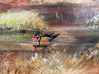 Vintage Wildlife Painting on Natural Wood Slab, Bears, Ducks, Heron, Rustic Folk Art