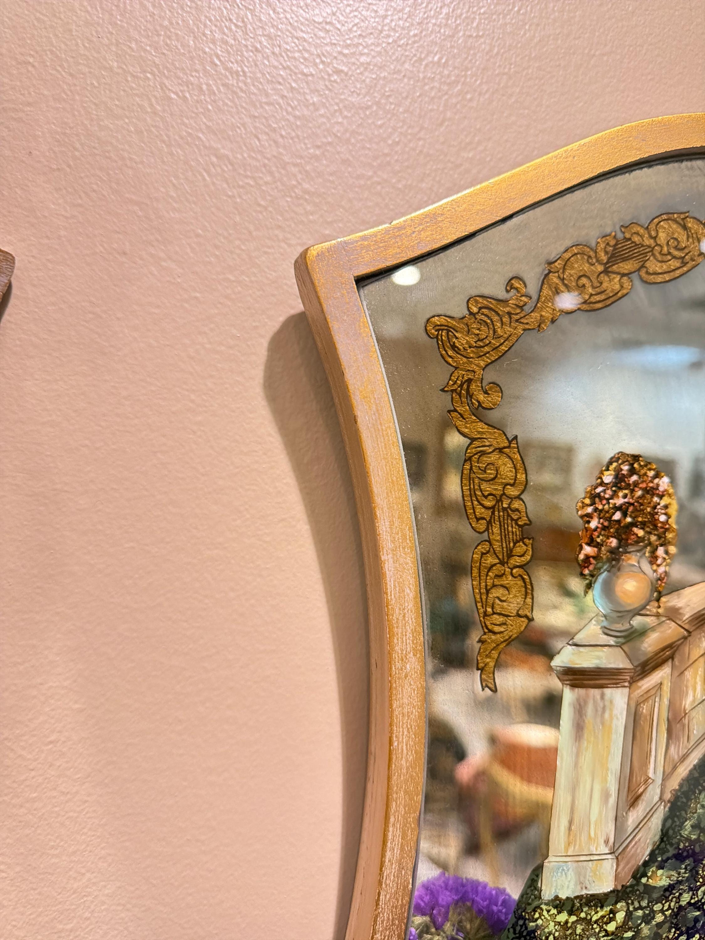 Vintage Italian Hand Painted Reverse Glass Wall Pockets, Gilt Trim Mirror Sconces