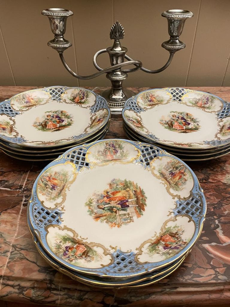 Schumann Arzberg Germany Decorative Plate Rococo Style Blue Reticulated Porcelain Courting Scene Gilded Wall Display Collectible Art