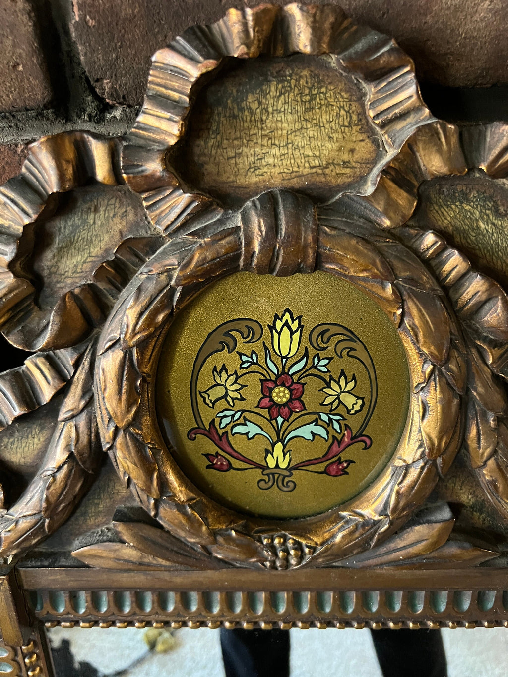 French Style Impressive Antique Gold GiltTrumeau Wood Mirror Hand Carved Floral Reverse Painting Ribbon Crest Frame Tulip Folk Art Style