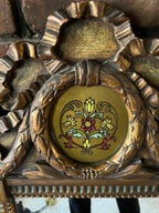 French Style Impressive Antique Gold GiltTrumeau Wood Mirror Hand Carved Floral Reverse Painting Ribbon Crest Frame Tulip Folk Art Style