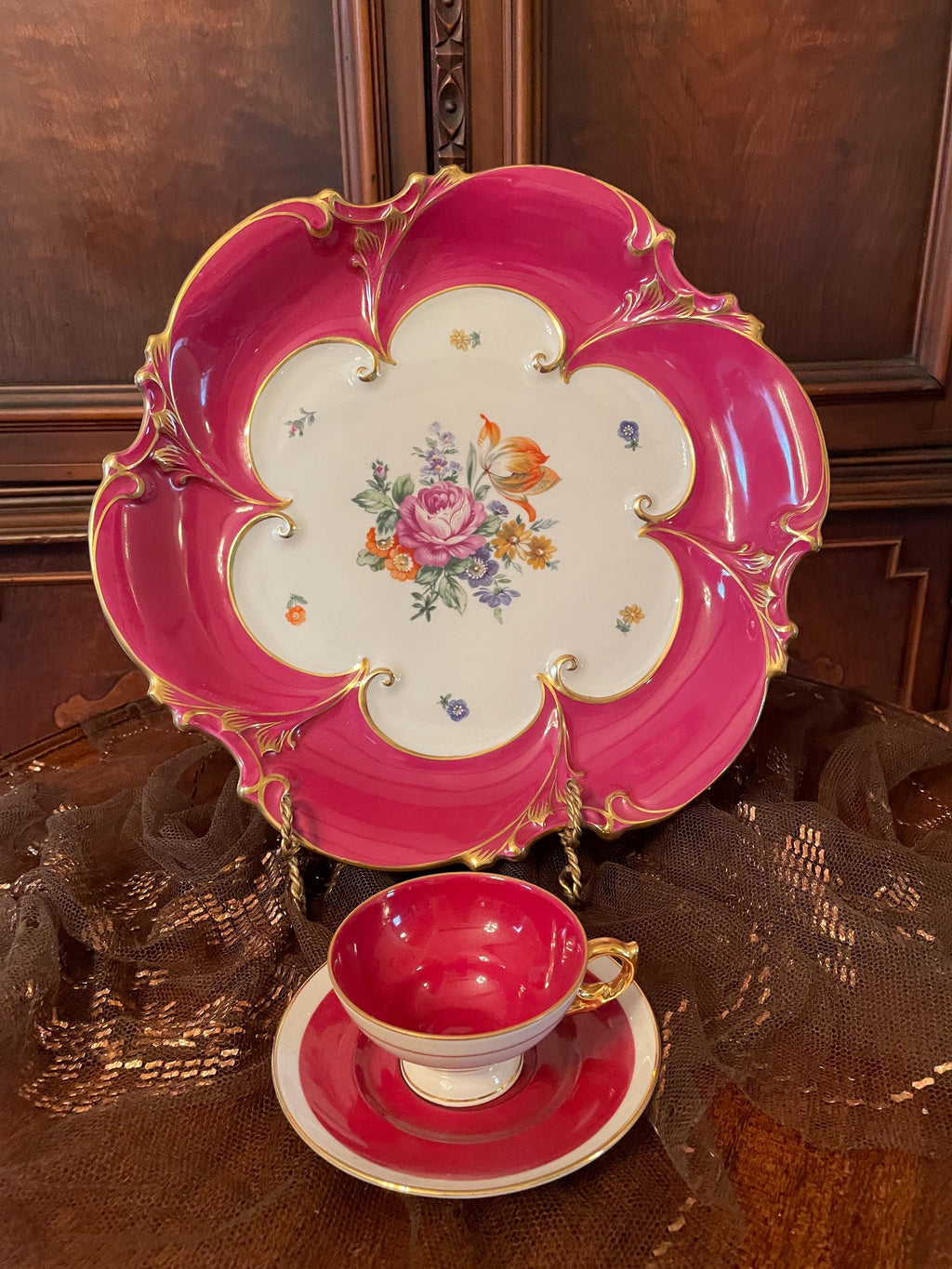 Vintage Hand Porcelain Floral Design Collectible Serving Plate  Matching Cup Saucer.Made in Germany