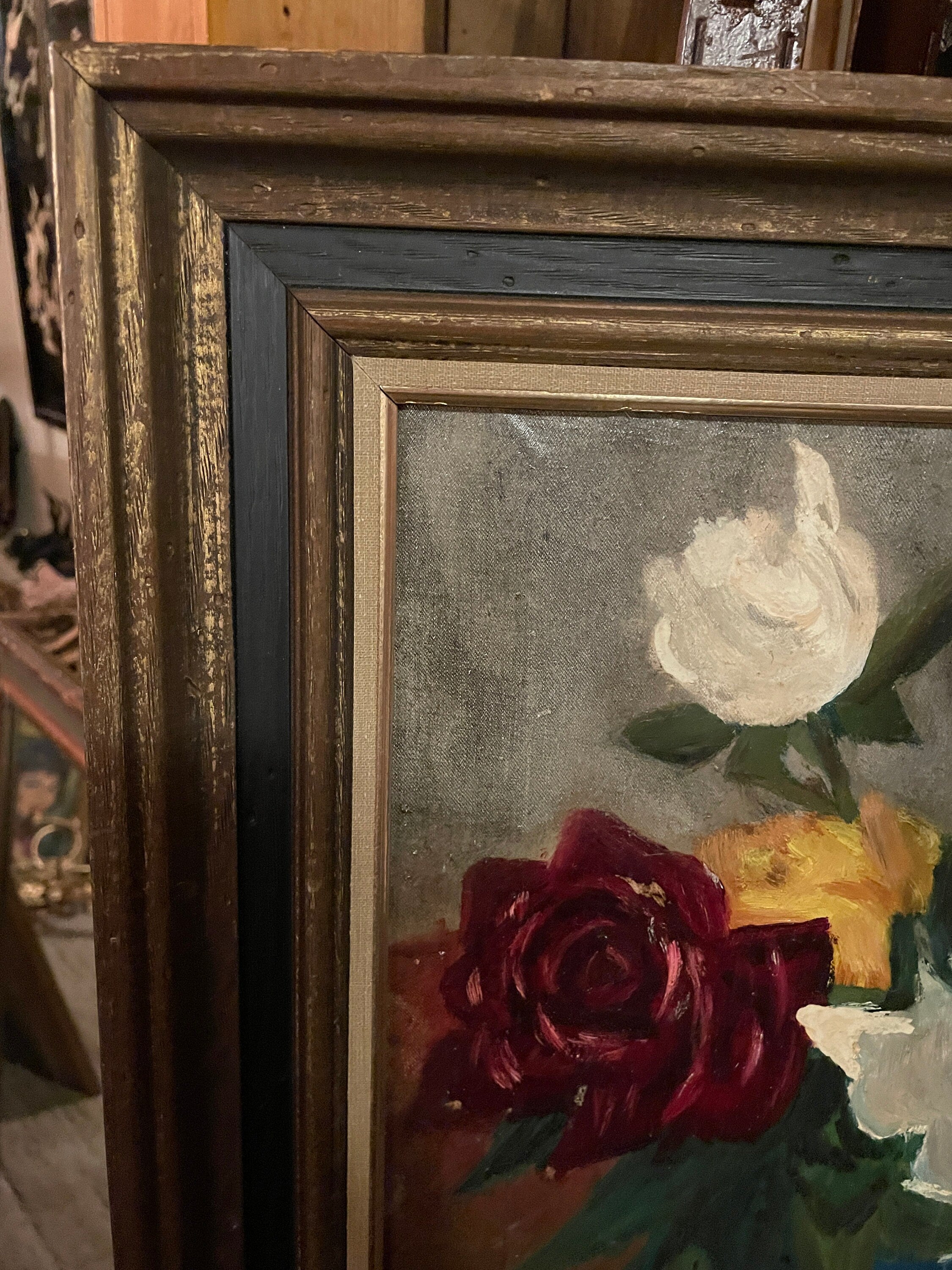 Vintage Floral Still Life Painting Textured Oil Artwork In Ornate Frame Featuring Red Yellow White Roses In Vase Bold Brushstrokes Charm