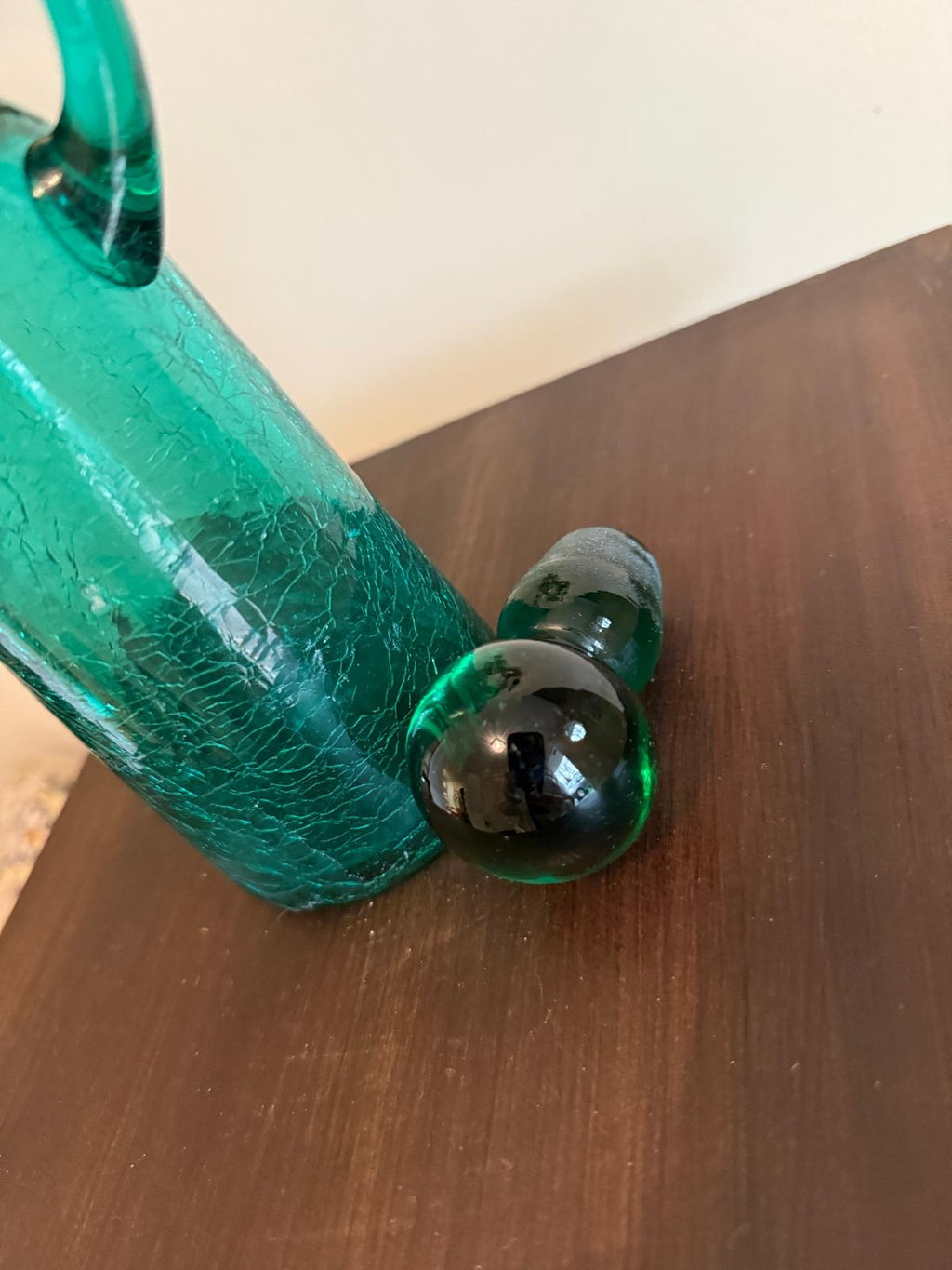 Vintage Crackle Glass Decanter Green Art Glass Pitcher Stopper Bottle Mid Century Barware Teal Emerald Green Crackle Glass Cruet Mid Century