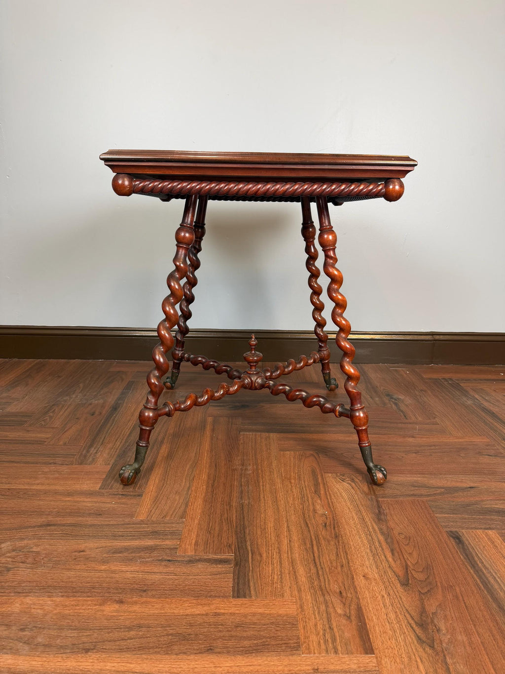 Antique English Barley Twist Side Table, Claw Foot Caster Accent Spiral Leg Table