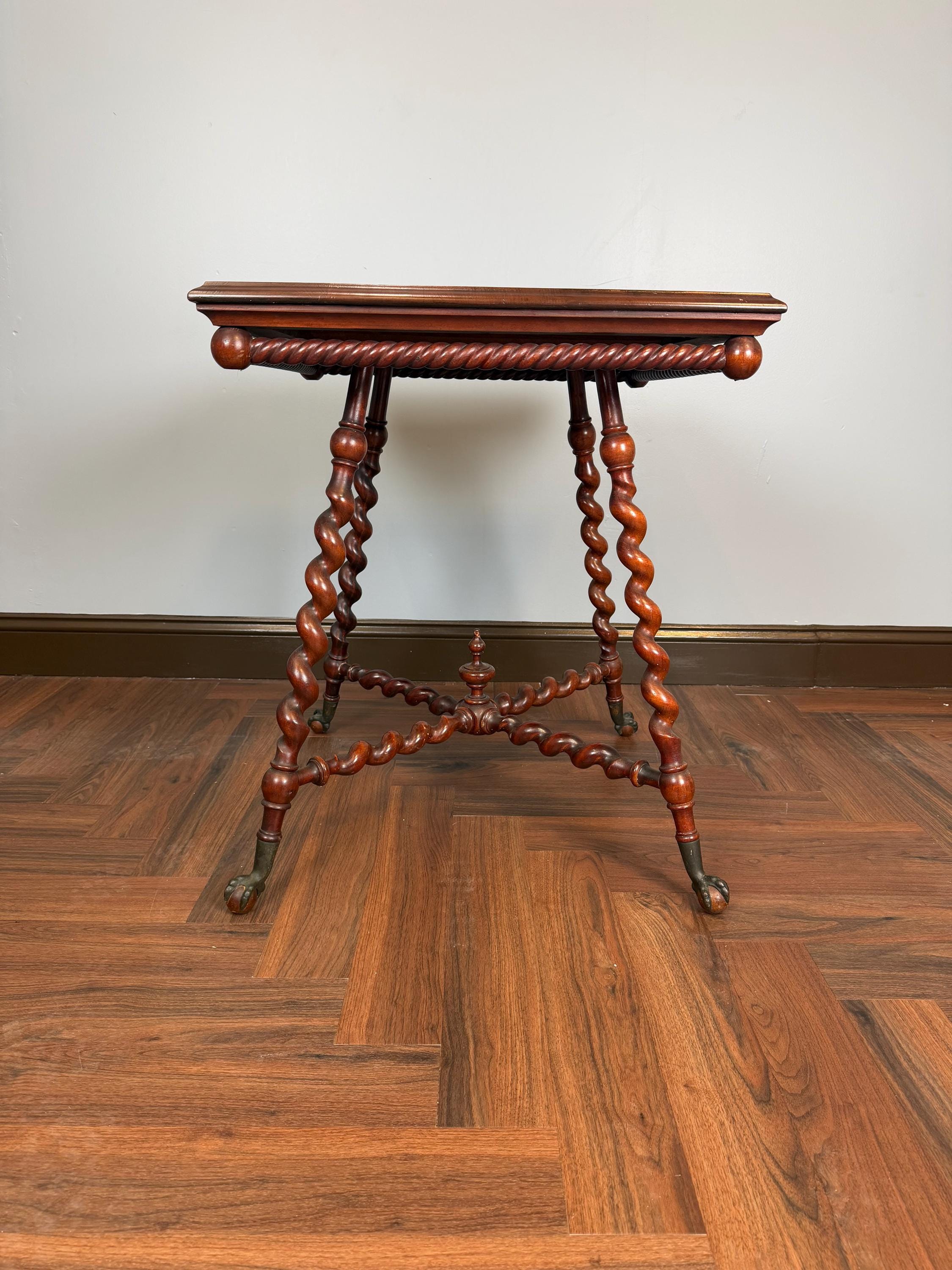 Antique English Barley Twist Side Table, Claw Foot Caster Accent Spiral Leg Table