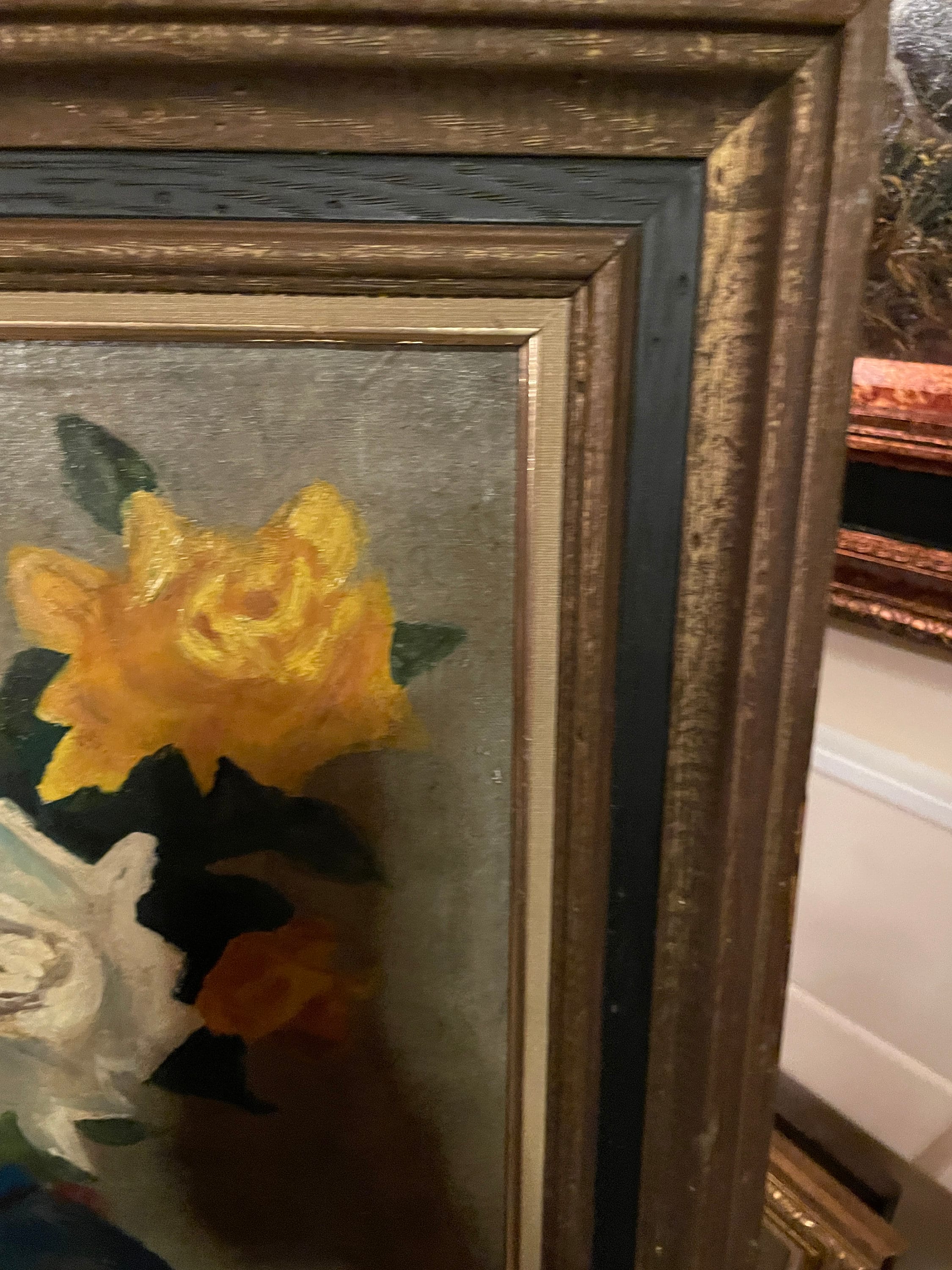 Vintage Floral Still Life Painting Textured Oil Artwork In Ornate Frame Featuring Red Yellow White Roses In Vase Bold Brushstrokes Charm