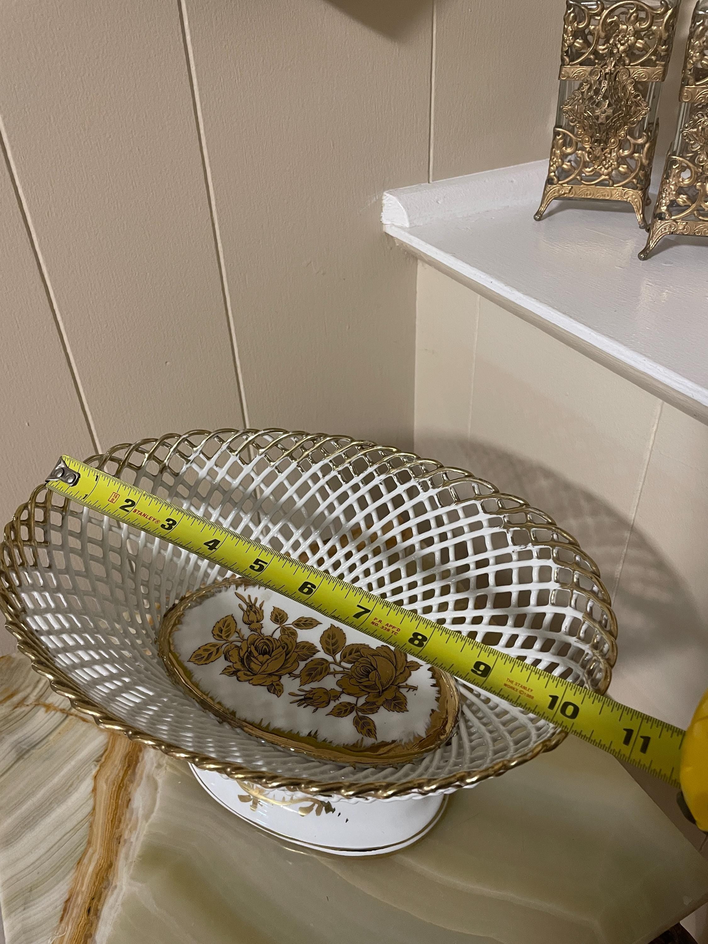 Vintage Porcelain Gold Hand Painted Italian Basket Tableware Serving Dish Fruit Dish Pedestal Bowl  with Gold Accent Vintage Centerpiece