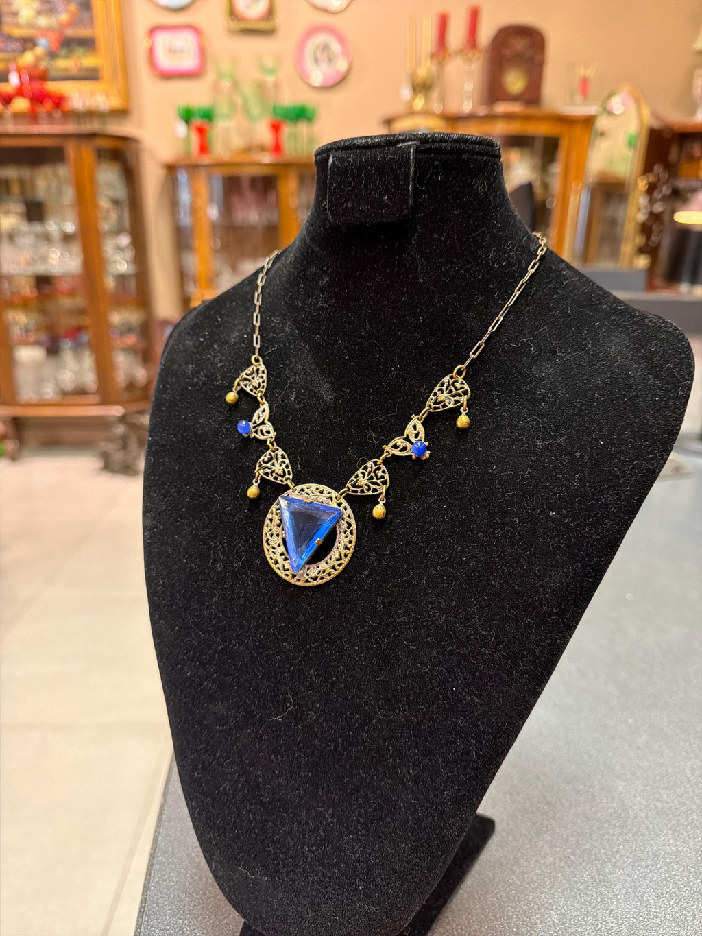 Vintage Art Deco Style Blue Glass Triangle Pendant Necklace Filigree Brass Statement Jewelry Unmarked Sterling Silver with Gold Wash