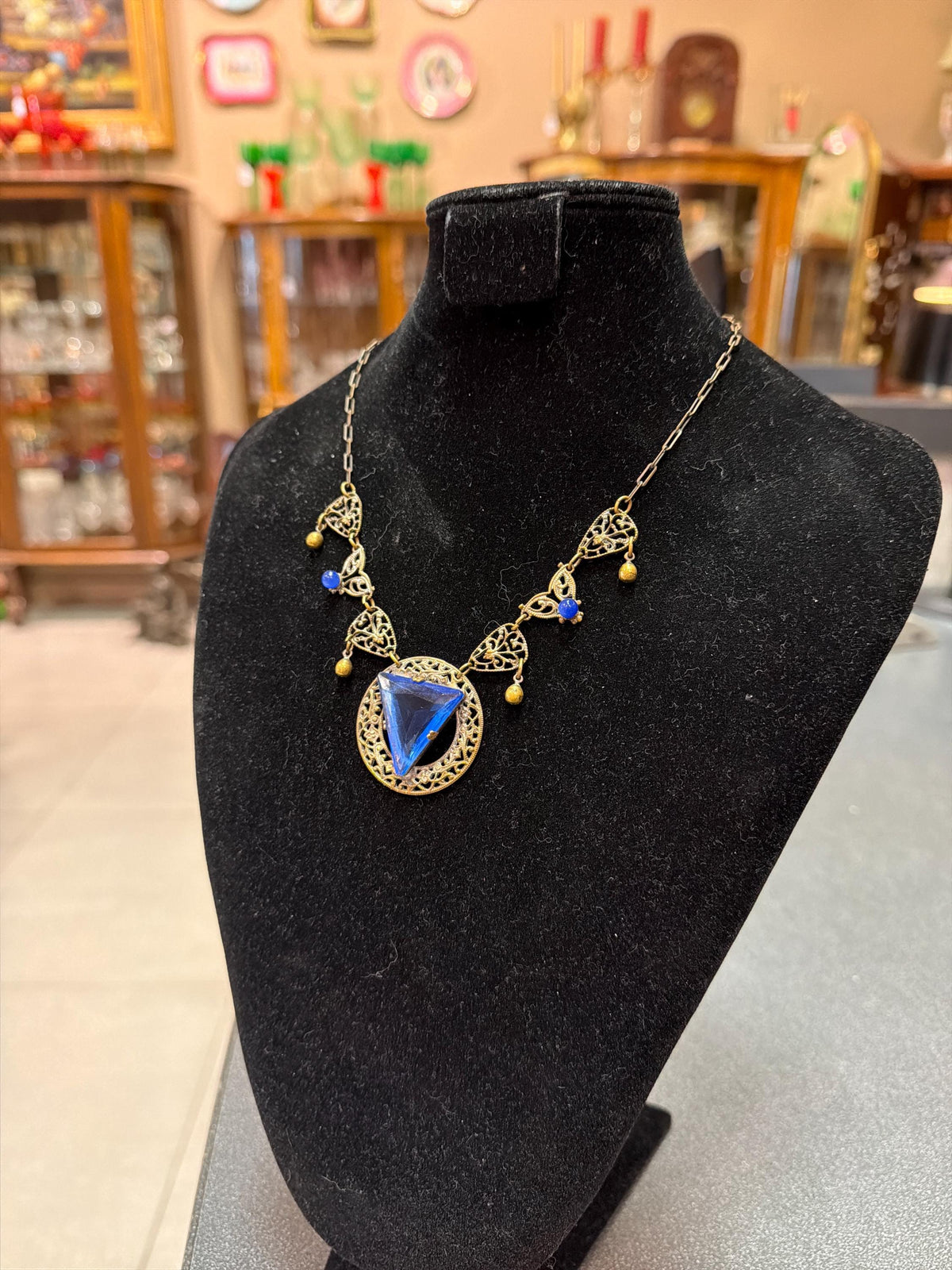 Vintage Art Deco Style Blue Glass Triangle Pendant Necklace Filigree Brass Statement Jewelry Unmarked Sterling Silver with Gold Wash