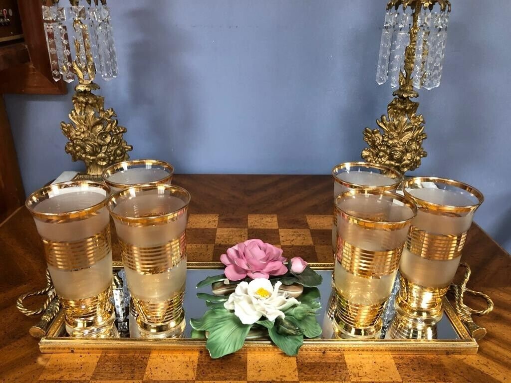 Vintage Gold Striped Frosted Glassware Set Mid Century Barware Elegant Tumblers Hollywood Regency Home Decoration Drinkware Display Piece