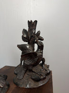 Antique Black Forest Hand Carved Bird Candlesticks Pair Oak Leaves Acorns Alpine Folk Art Wooden Candle Holders