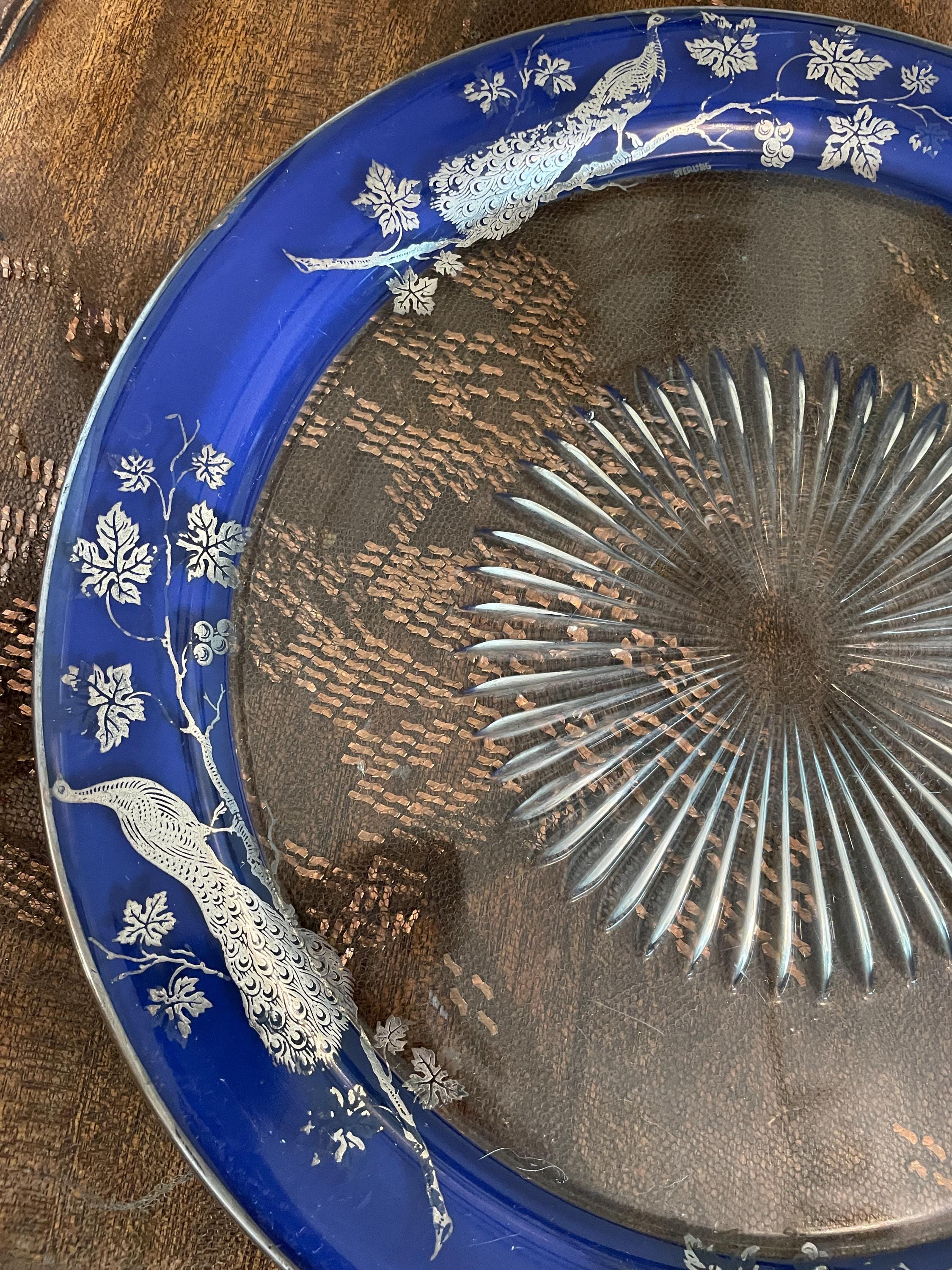 Vintage Sterling Blue Glass Plate Peacock Design Intricate Etching Detailed Glasswork Beautiful Antique Collector's Item Display Home Design