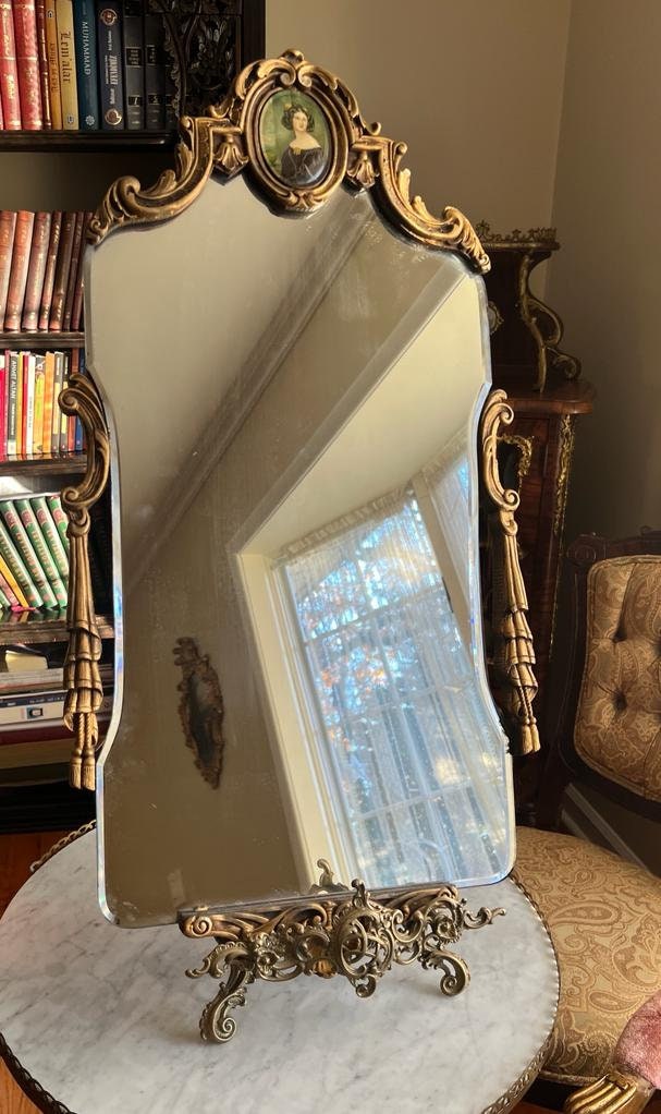 Antique Wall Mirror Victorian Style Ornate Frame Beveled Glass Portrait Detail Rococo Decor Hanging Mirror Carved Wood Gold Finish Accent