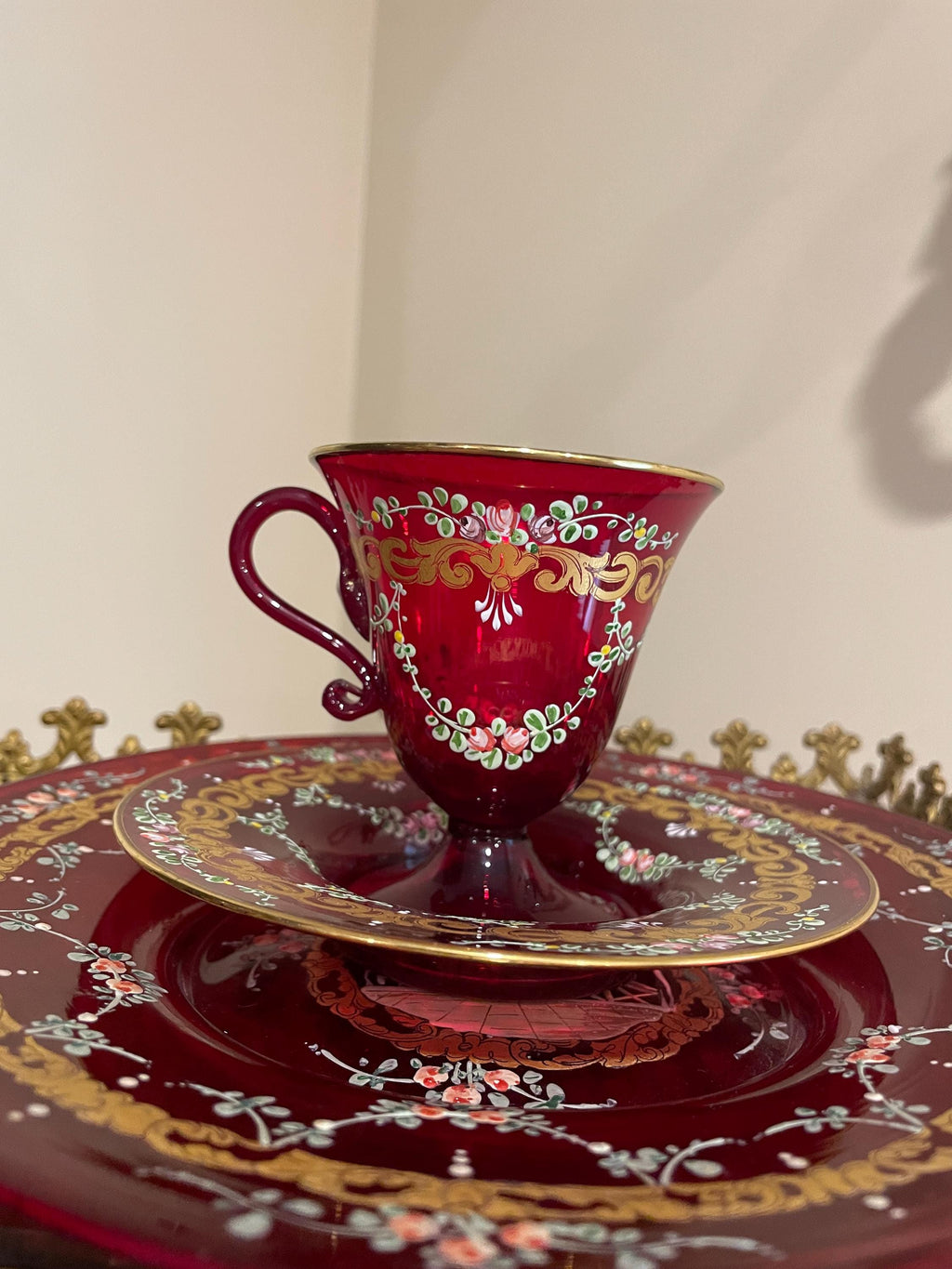 Bohemian Cranberry Glass Demitasse Cup Saucer Plate Set Gold Gilt Hand Painted Portrait Rococo Style Antique Display Tableware Décor