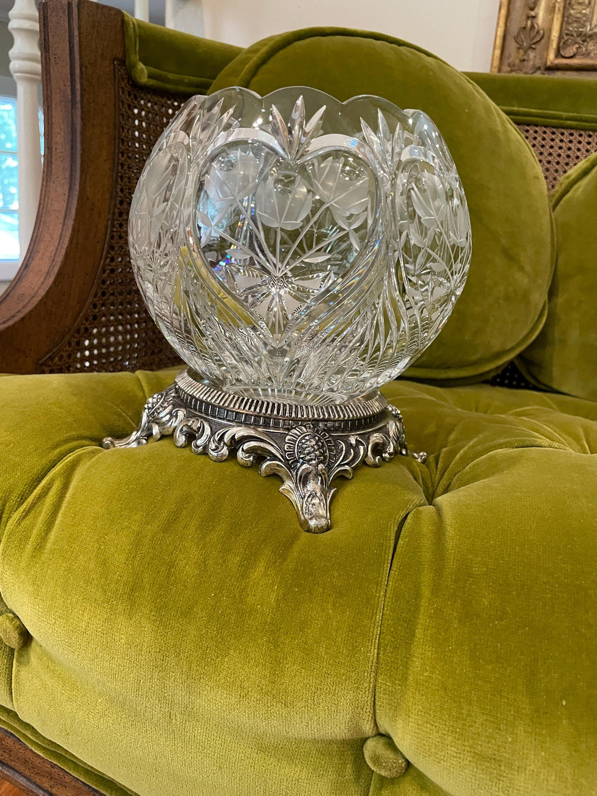 Cut Crystal Bowl Ornate Footed Metal Base Vintage Decorative Centerpiece Elegant Clear Glass Display Collectible Home Decor Statement Piece