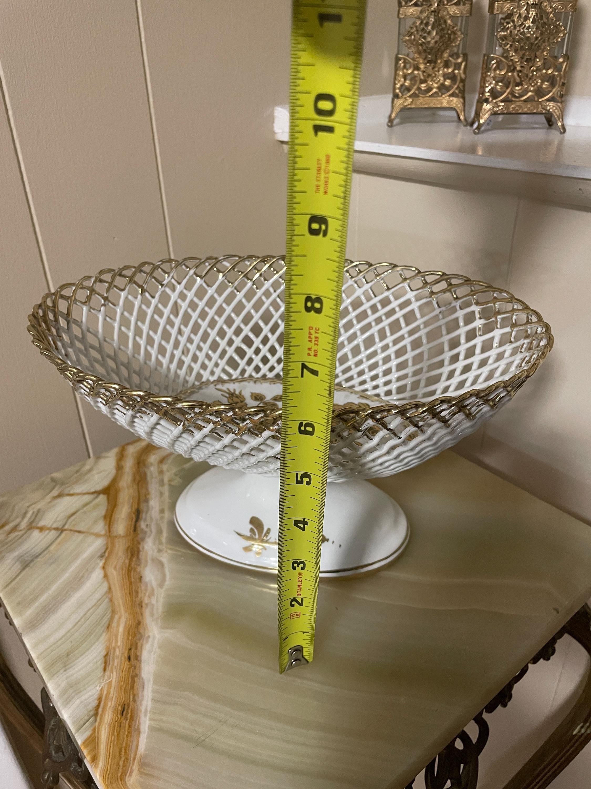 Vintage Porcelain Gold Hand Painted Italian Basket Tableware Serving Dish Fruit Dish Pedestal Bowl  with Gold Accent Vintage Centerpiece