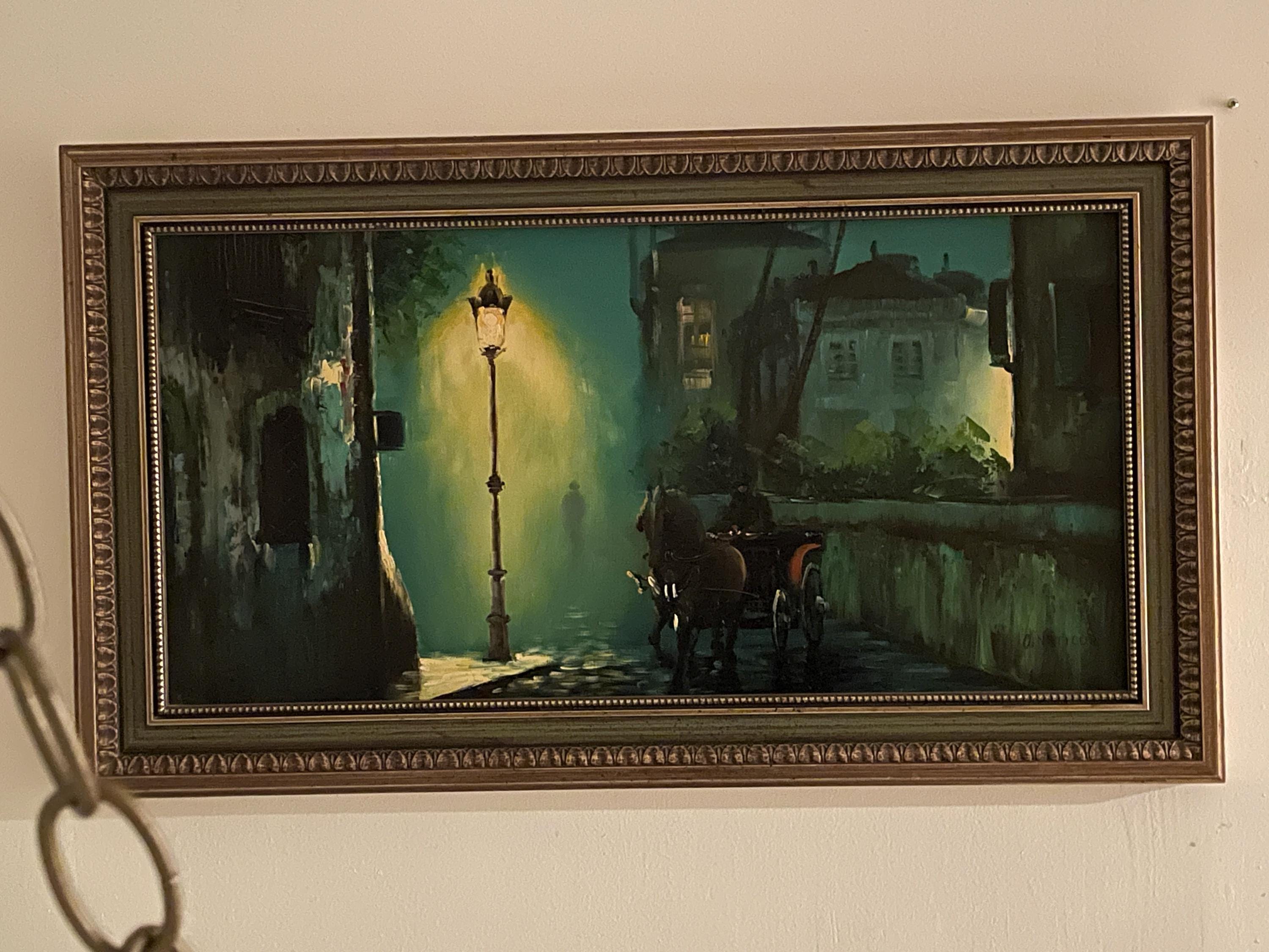 Vintage Wall Art Wood Oil Painting Horse Carriage Street Scene Night Cityscape Vintage Framed Artwork Victorian Era Style Signed Home Decor