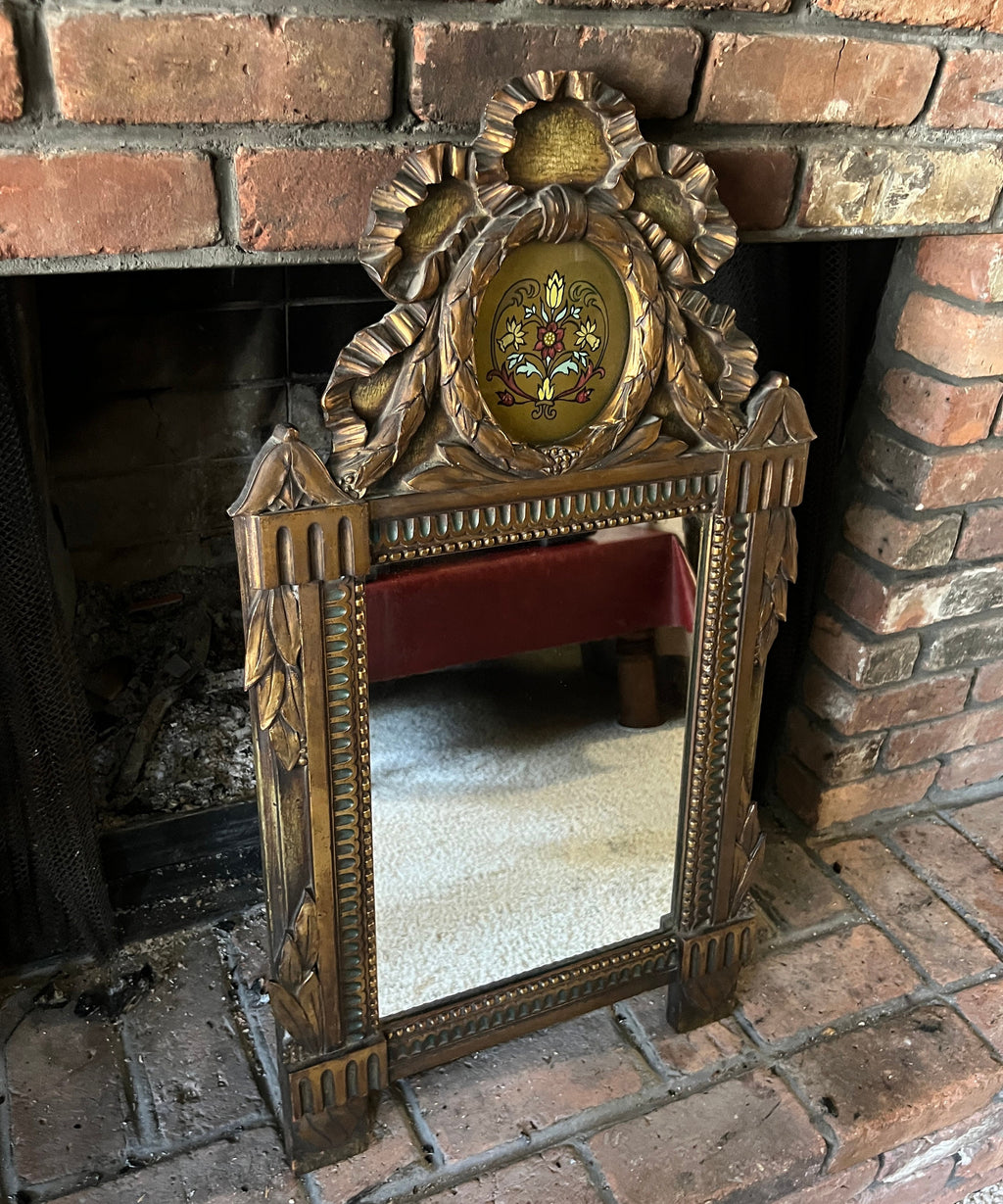 French Style Impressive Antique Gold GiltTrumeau Wood Mirror Hand Carved Floral Reverse Painting Ribbon Crest Frame Tulip Folk Art Style