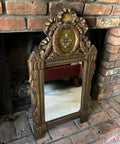 French Style Impressive Antique Gold GiltTrumeau Wood Mirror Hand Carved Floral Reverse Painting Ribbon Crest Frame Tulip Folk Art Style