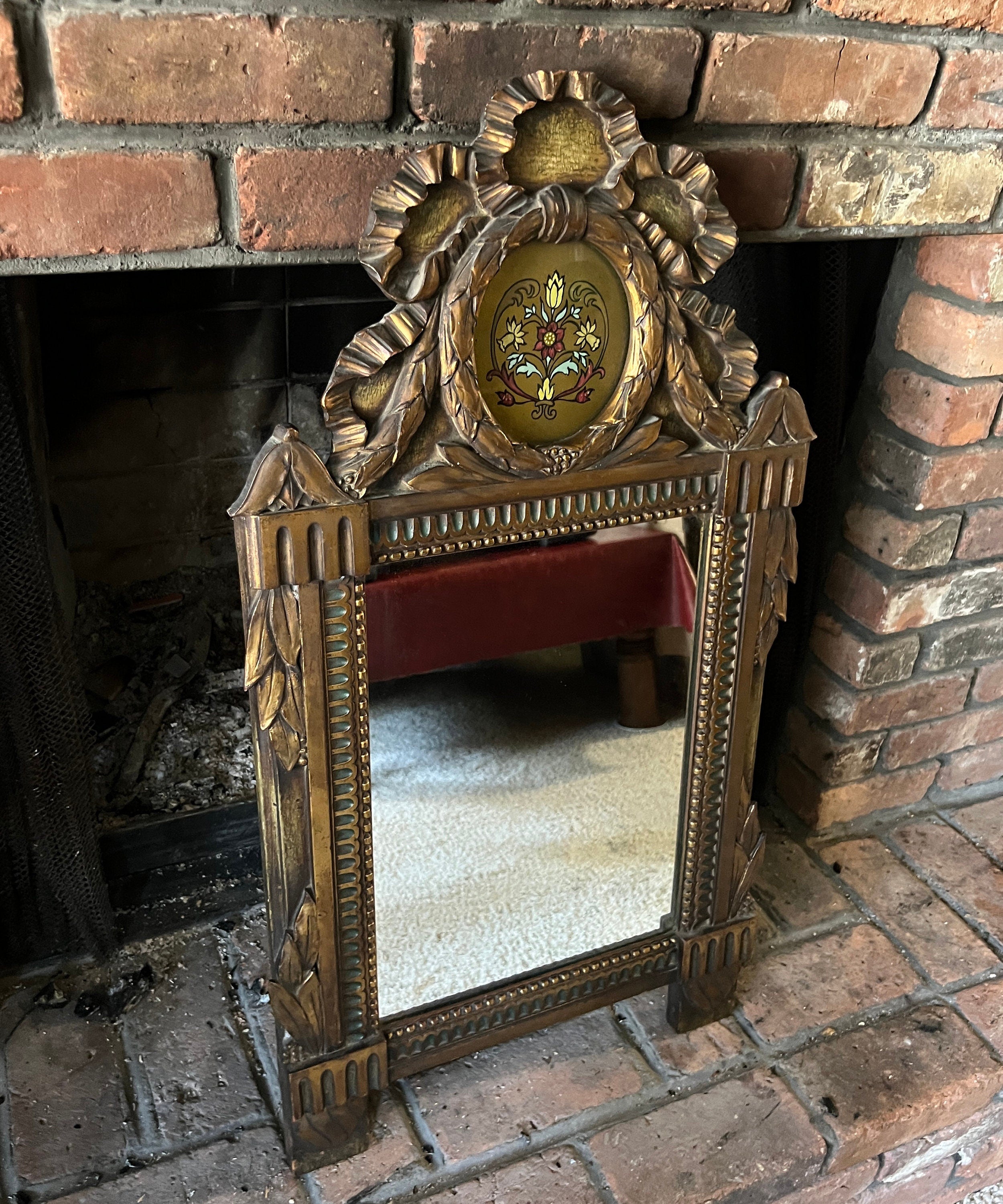 French Style Impressive Antique Gold GiltTrumeau Wood Mirror Hand Carved Floral Reverse Painting Ribbon Crest Frame Tulip Folk Art Style