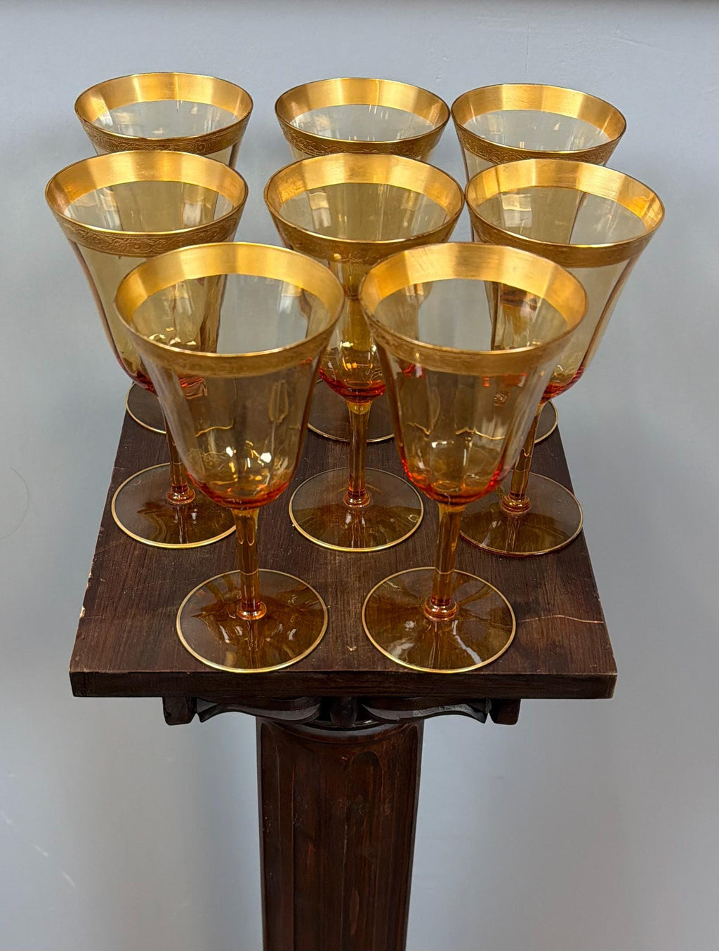 Vintage Amber Wine Glass Set Gold Rim Goblets Hollywood Regency Barware Elegant Stemware Set of 8