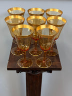 Vintage Amber Wine Glass Set Gold Rim Goblets Hollywood Regency Barware Elegant Stemware Set of 8